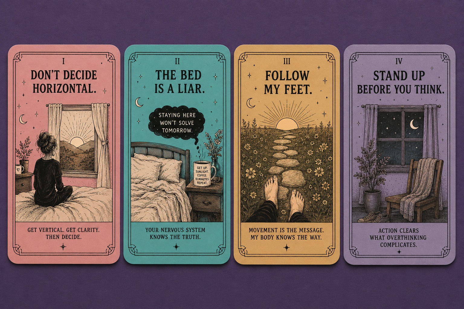 Four illustrated Retrieval Deck cards: Don't Decide Horizontal, The Bed Is a Liar, Follow My Feet, Stand Up Before You Think