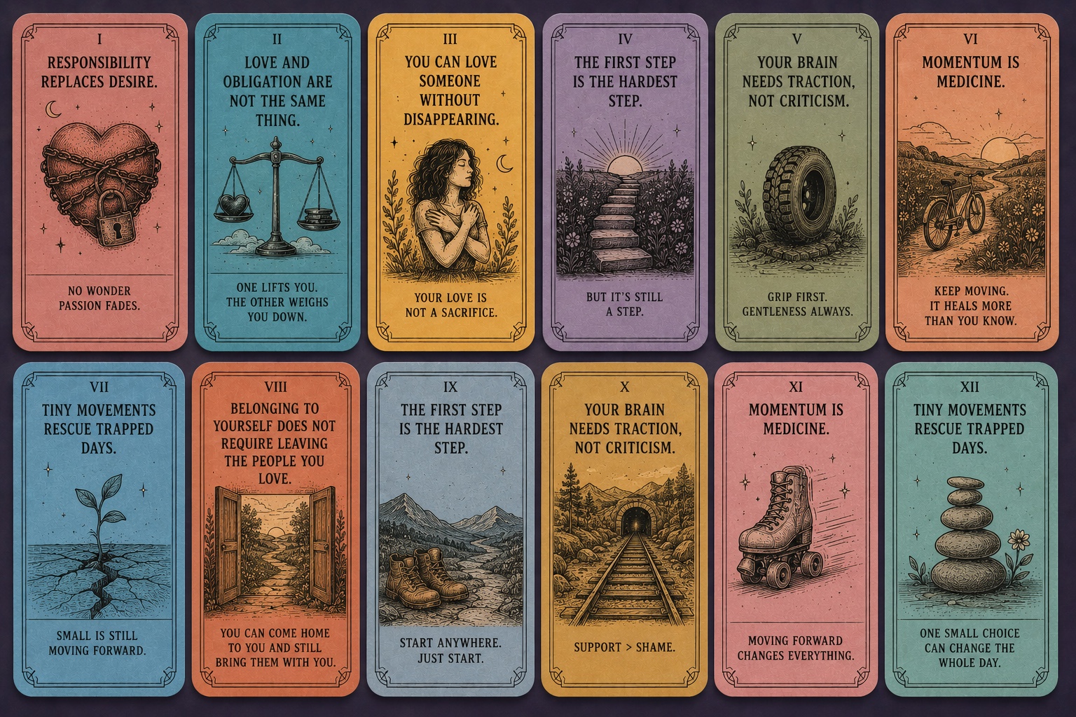 Illustrated card deck — Momentum Is Medicine, Tiny Movements Rescue Trapped Days